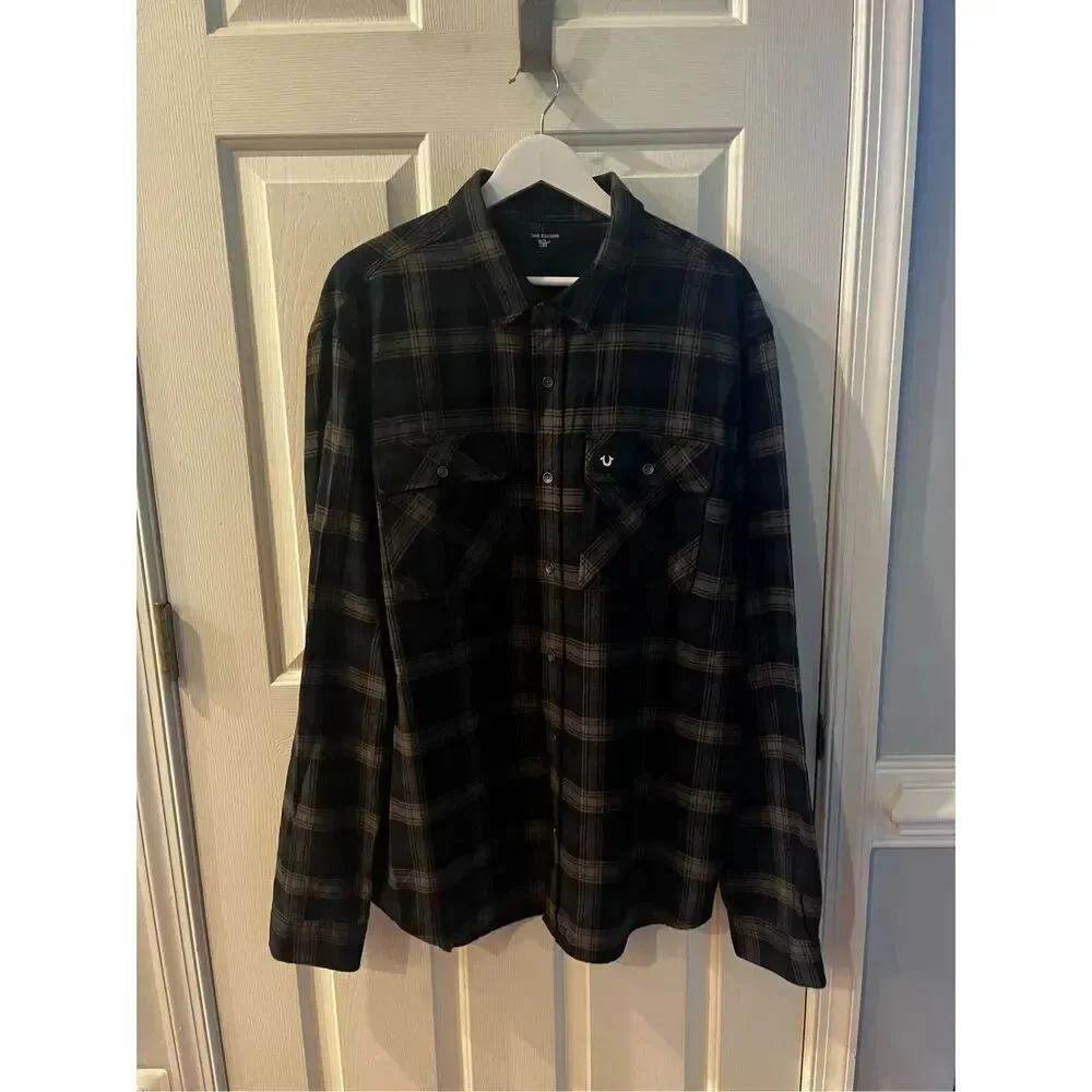 True Religion Triple Needle Plaid Blue Black Gray Flannel Button Down Shirt sz X